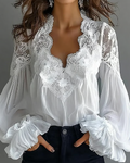 Florence | Women's Floral Lace V-Neck Lantern-Sleeve Blouse