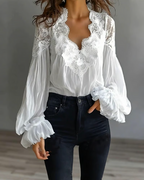 Florence | Women's Floral Lace V-Neck Lantern-Sleeve Blouse