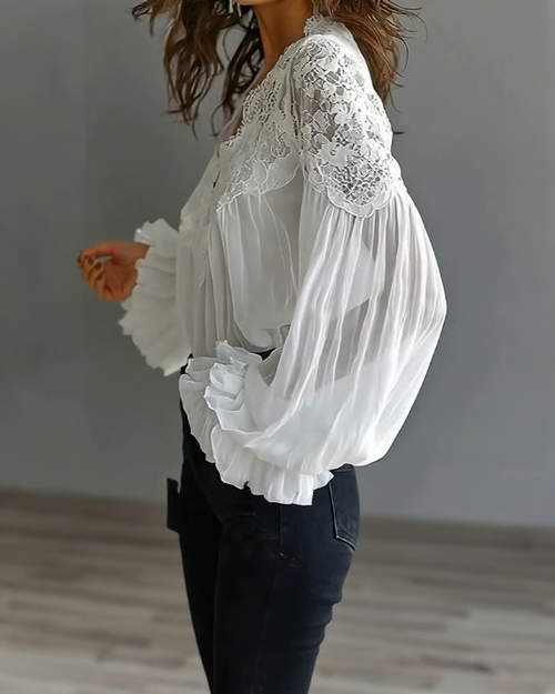 Florence | Women's Floral Lace V-Neck Lantern-Sleeve Blouse