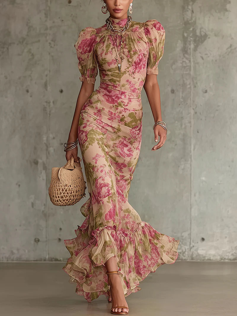 Women's Vintage Floral Puff-Sleeve Maxi Dress