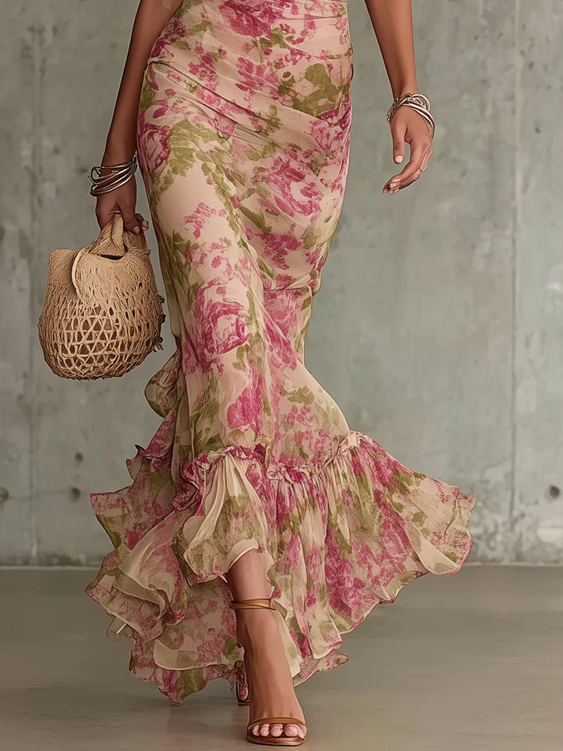 Women's Vintage Floral Puff-Sleeve Maxi Dress