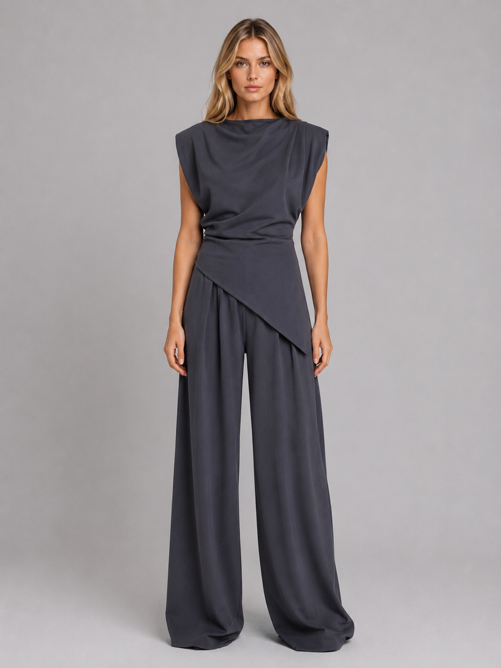 Amelie | Women's Draped Sleeveless Top and Wide-Leg Pants Set