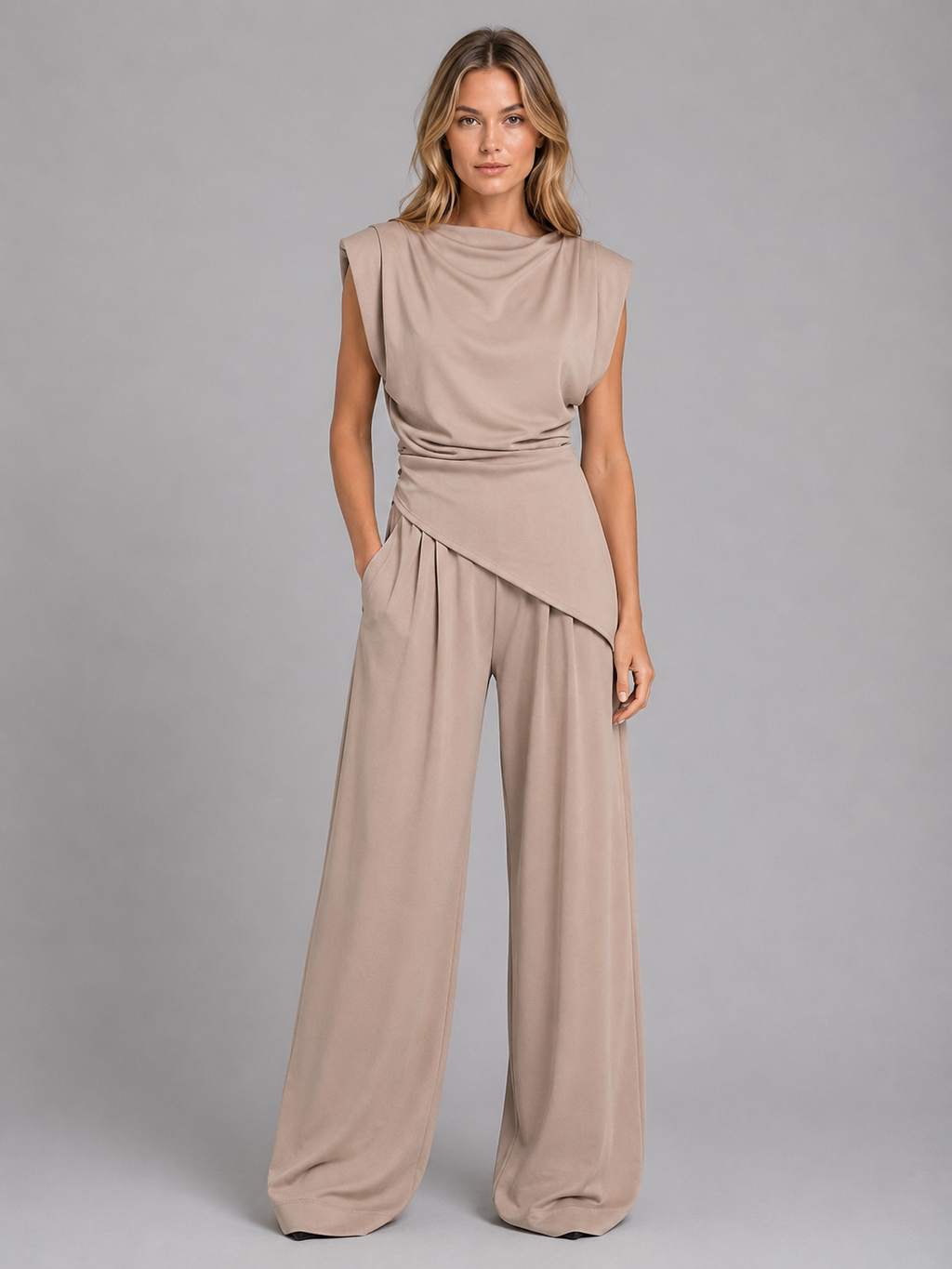 Amelie | Women's Draped Sleeveless Top and Wide-Leg Pants Set
