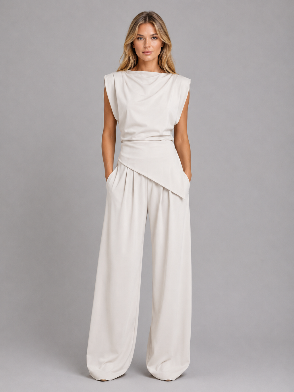 Amelie | Women's Draped Sleeveless Top and Wide-Leg Pants Set