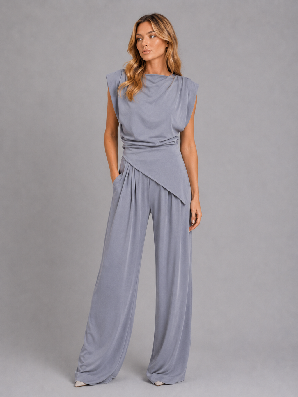 Amelie | Women's Draped Sleeveless Top and Wide-Leg Pants Set