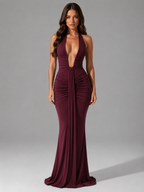 Celestine | Women's Ruched Plunge Halter Maxi Evening Dress