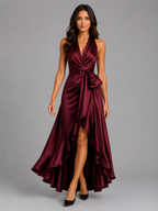 Seraphina | Women's Ruffle-Hem Halter Satin-Look Maxi Dress