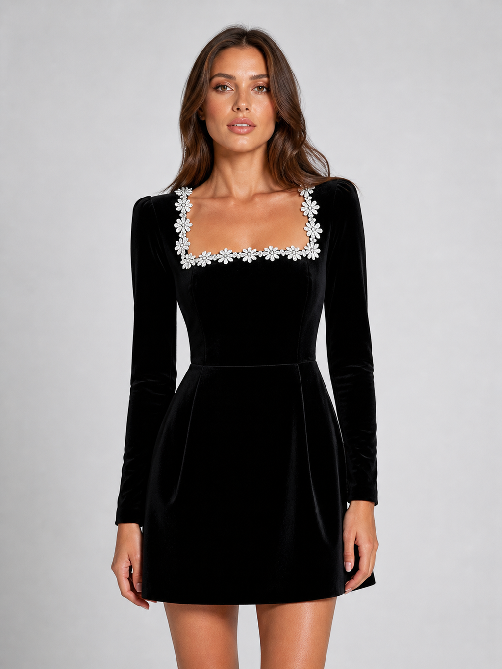 Estelle | Women's Velvet-Look Square-Neck Crystal-Trim Mini Dress