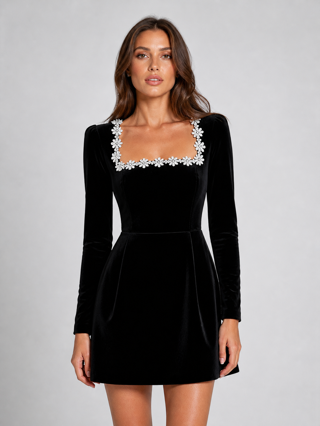 Estelle | Women's Velvet-Look Square-Neck Crystal-Trim Mini Dress