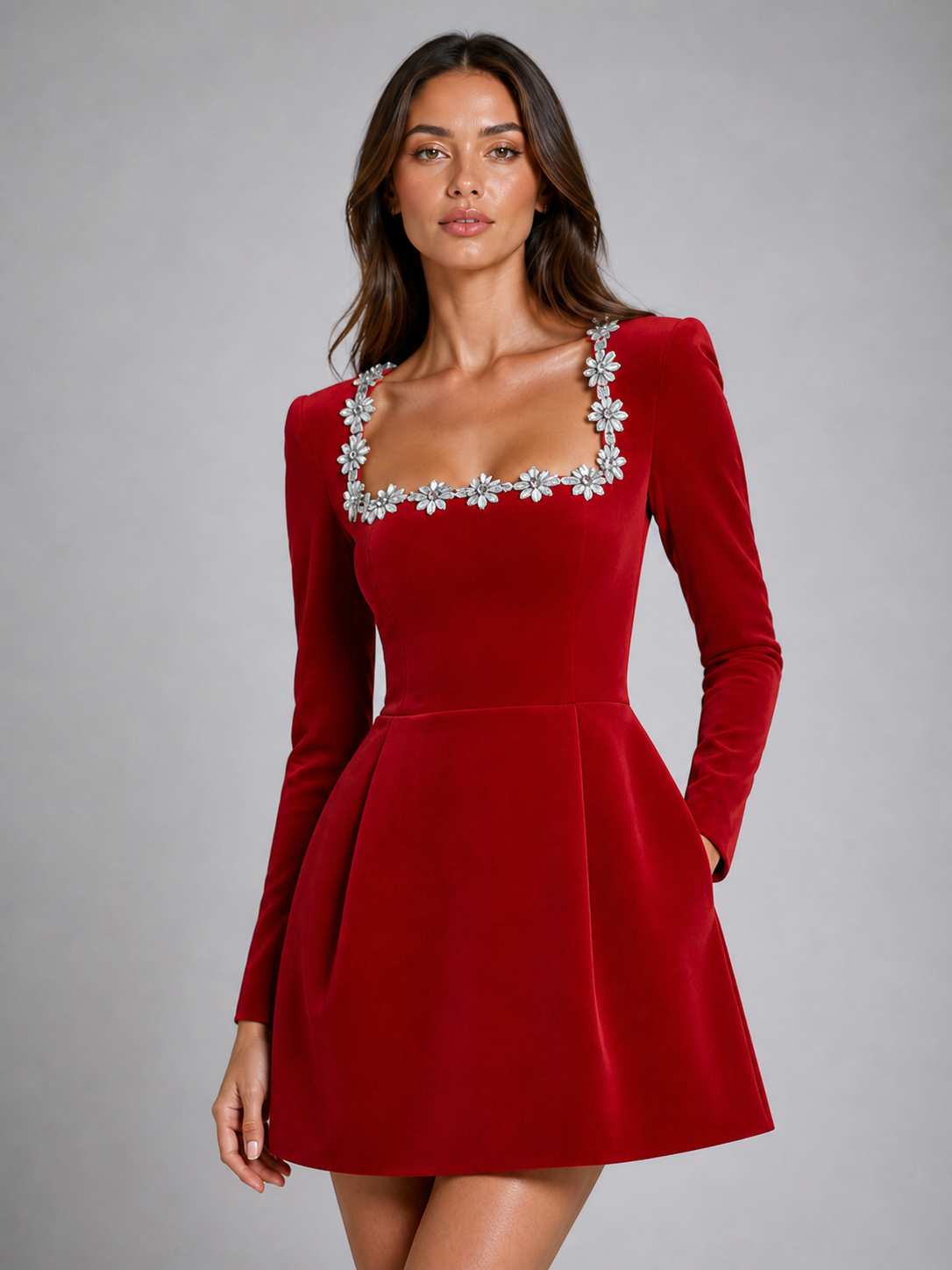 Estelle | Women's Velvet-Look Square-Neck Crystal-Trim Mini Dress