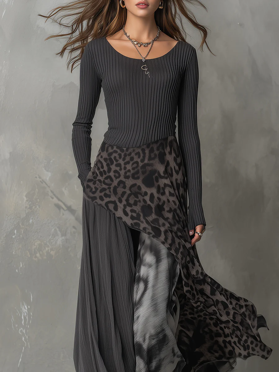 Women's Striped Animal-Print Asymmetric Maxi Dress