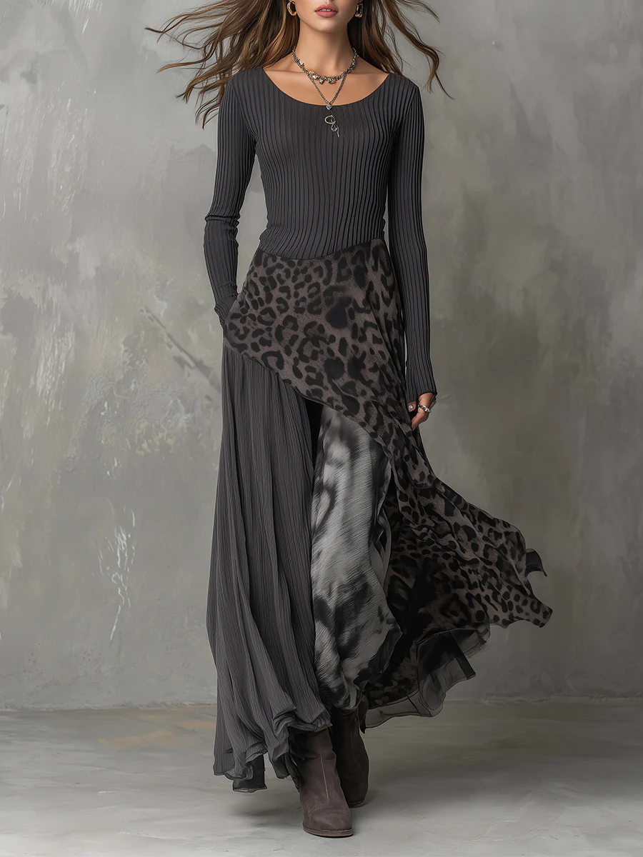 Women's Striped Animal-Print Asymmetric Maxi Dress