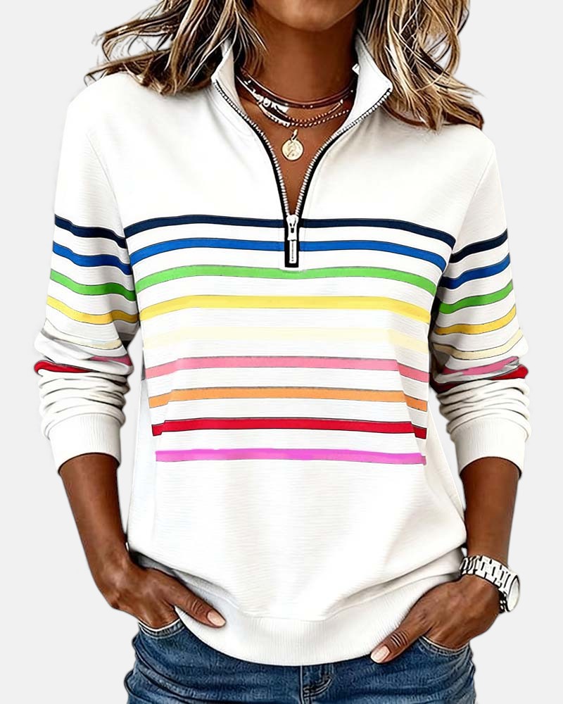 Diane | Women's Striped Half-Zip Sweatshirt with Stand Collar and Long Sleeves