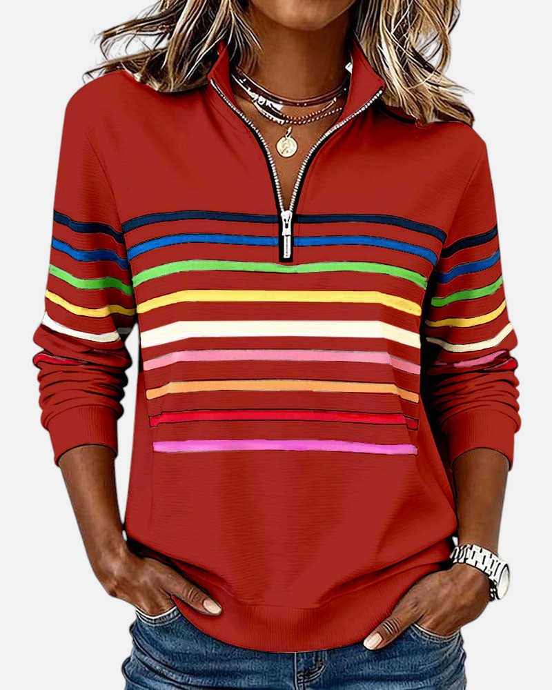Diane | Women's Striped Half-Zip Sweatshirt with Stand Collar and Long Sleeves