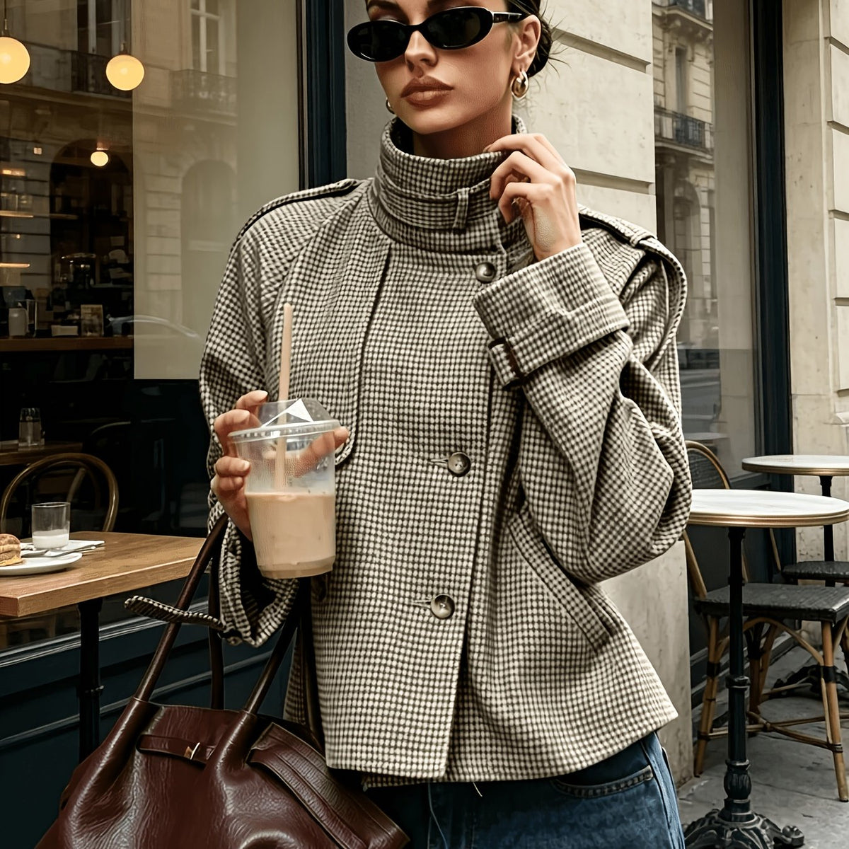 Women's Houndstooth Stand-Collar Cropped Jacket
