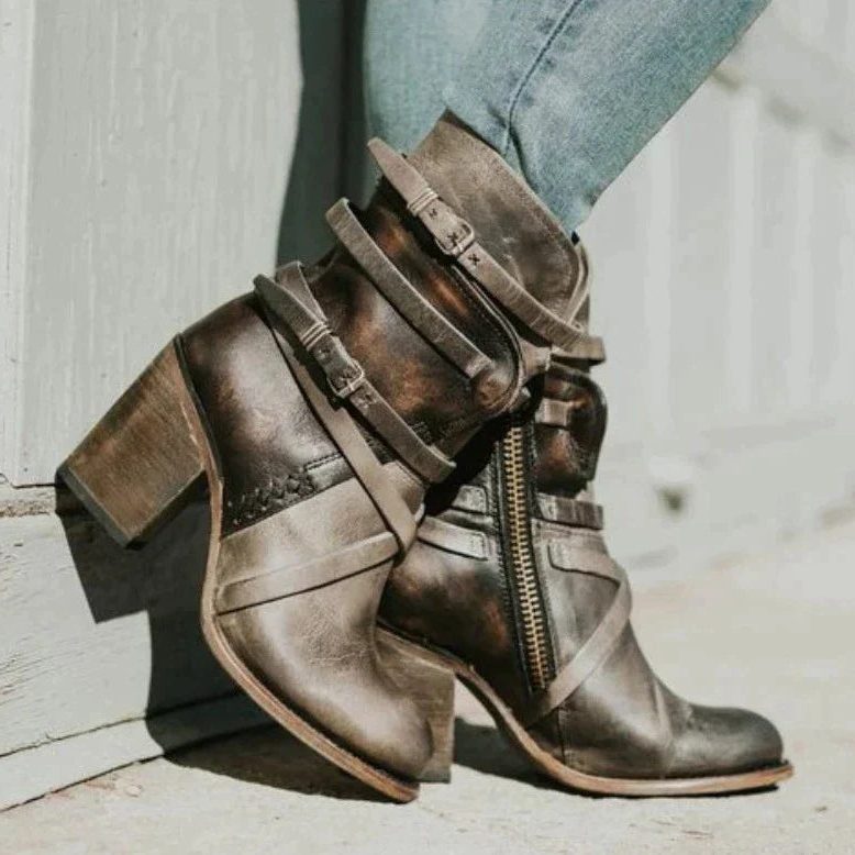 Elaine | Women's Buckle Strap Ankle Boots with Side Zip and Chunky Block Heel