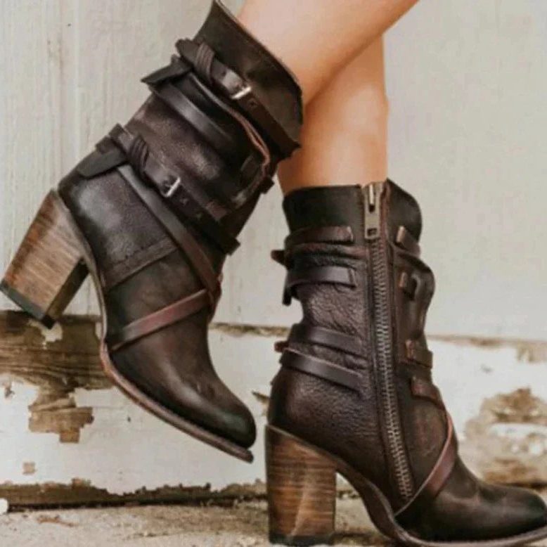 Elaine | Women's Buckle Strap Ankle Boots with Side Zip and Chunky Block Heel