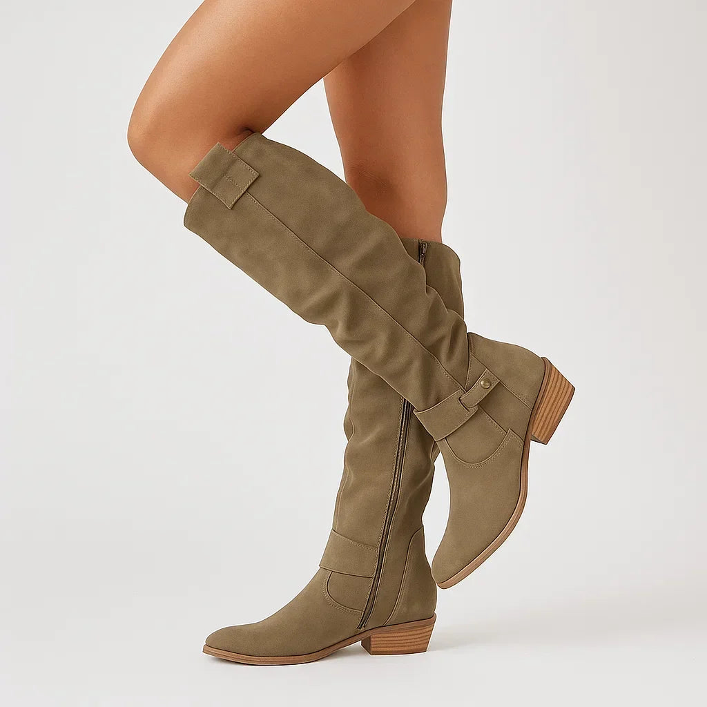 Nancy | Women's Knee-High Suede-Look Boots with Low Block Heel and Slim Shaft