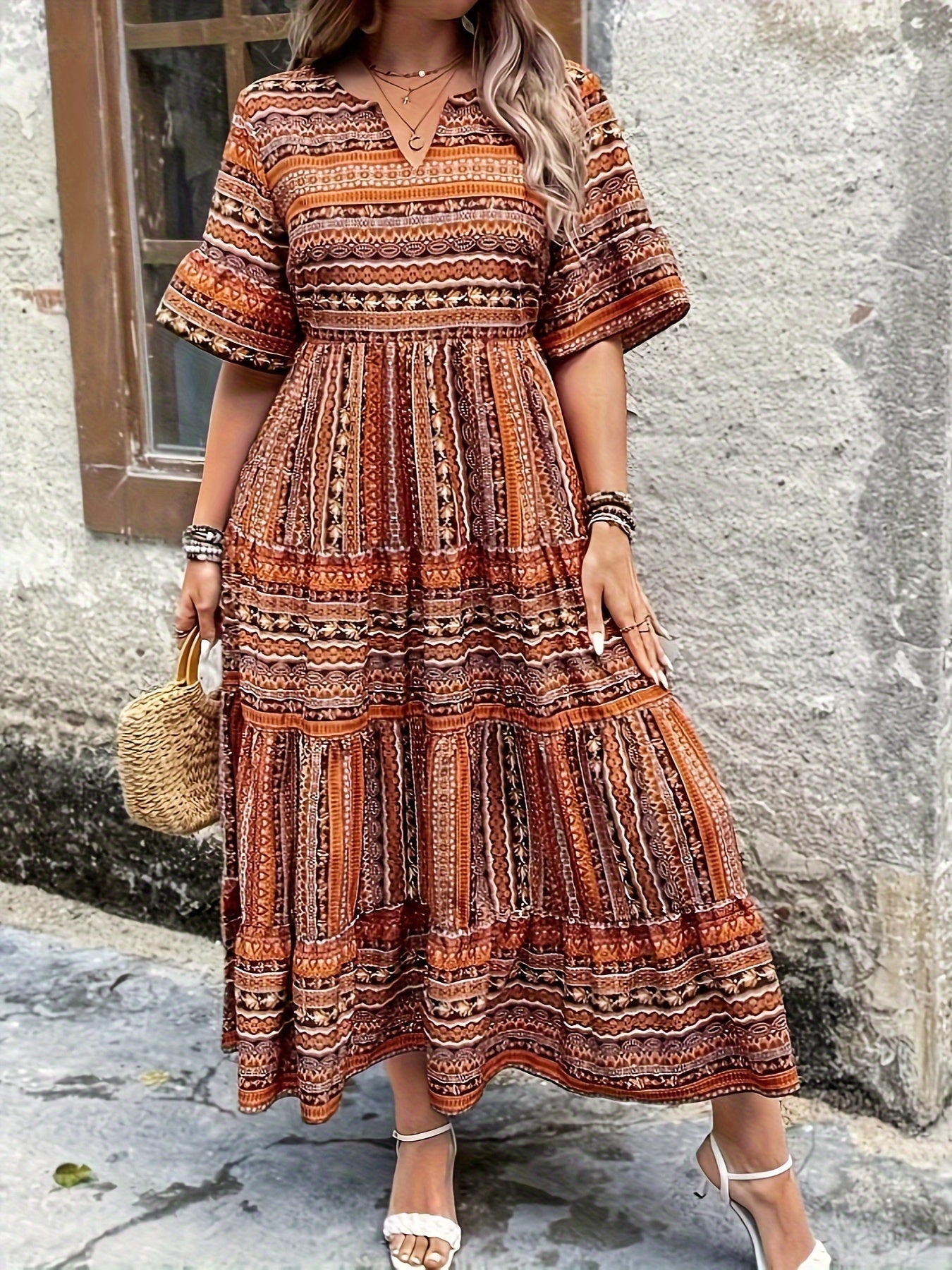Women's Boho Flowy Printed Draped Dress