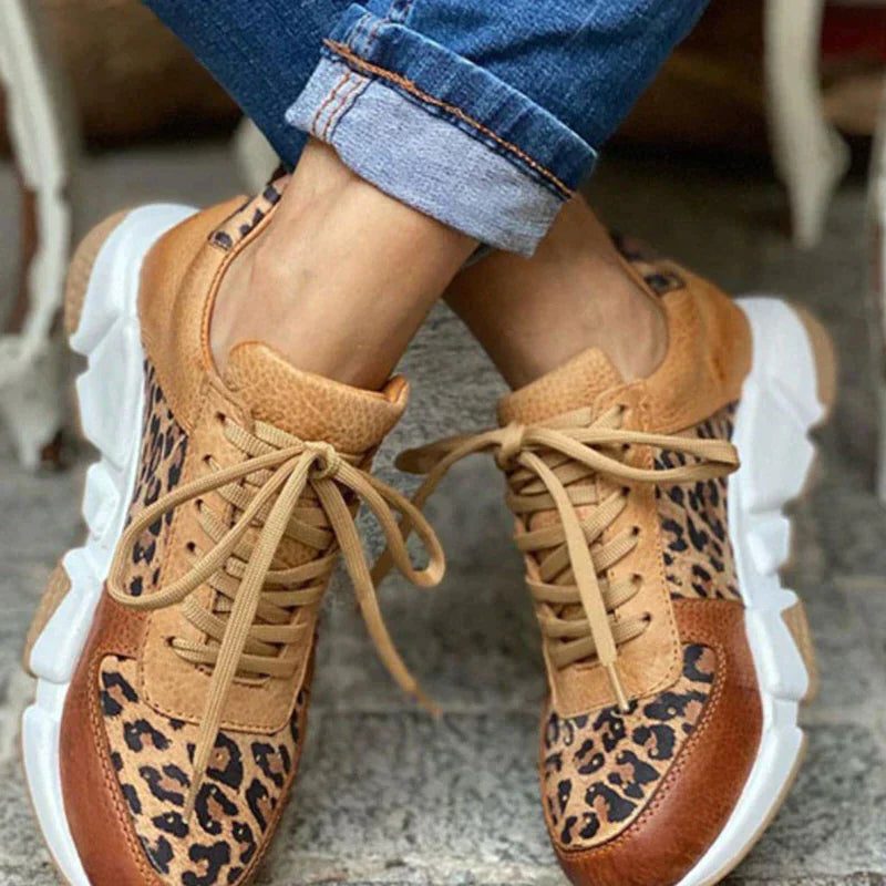 Irene | Women's Leopard Print Lace-Up Sneakers with Chunky Sole and Smooth Panels