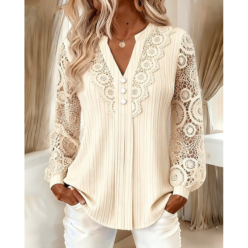 Women's V-Neck Lace-Detail Long-Sleeve Blouse
