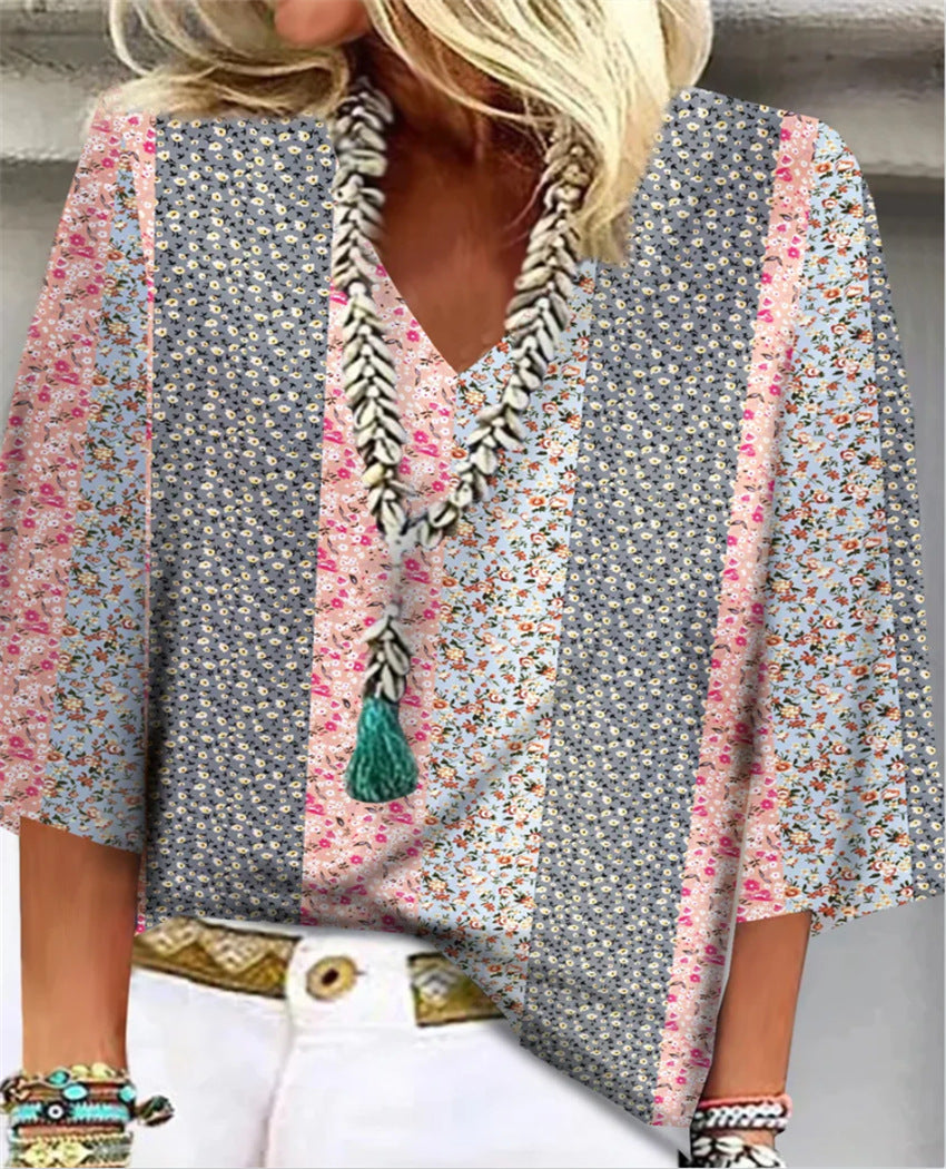 Women's Ditsy Floral Patchwork V Neck 3/4 Sleeve Top