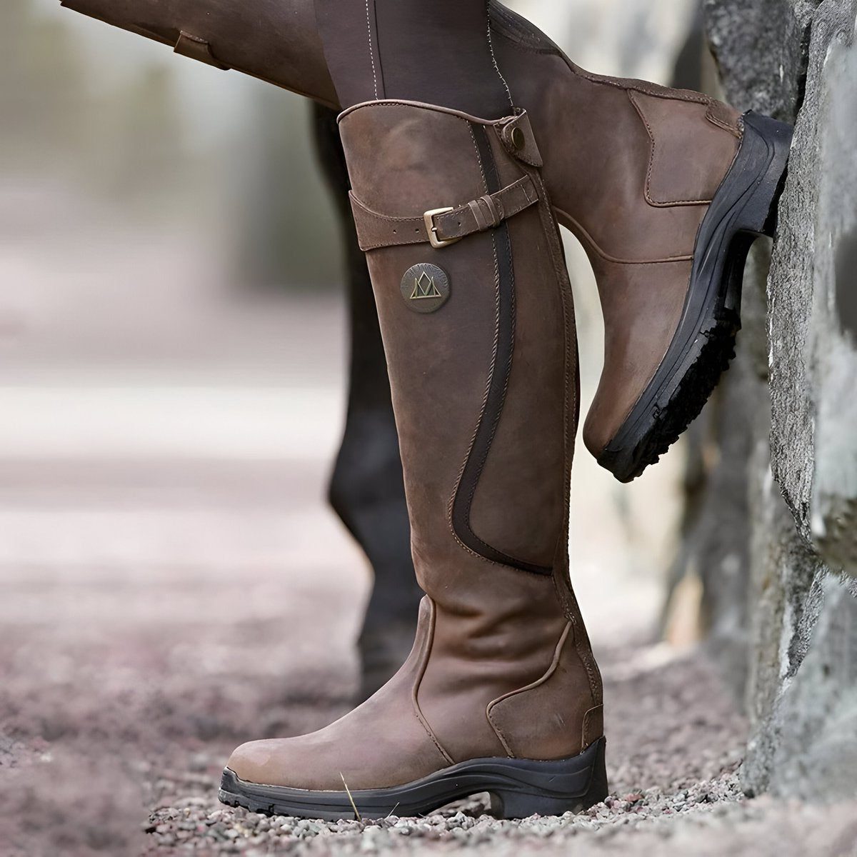 Susan | Women's Knee-High Riding Boots with Buckle Strap, Low Heel and Lug Sole