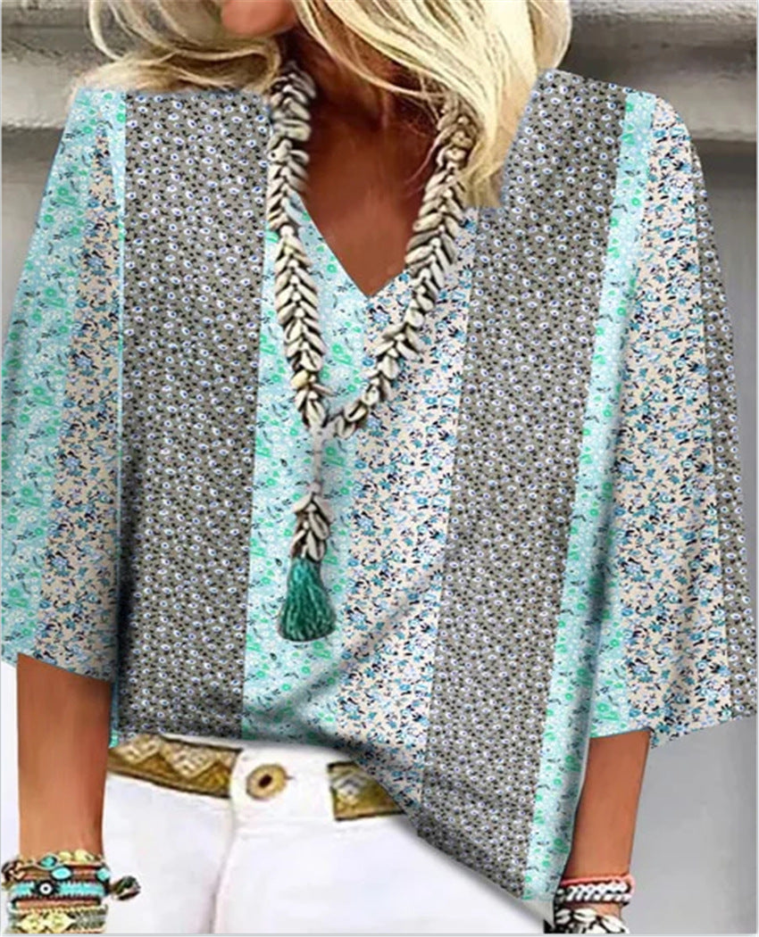 Women's Ditsy Floral Patchwork V Neck 3/4 Sleeve Top