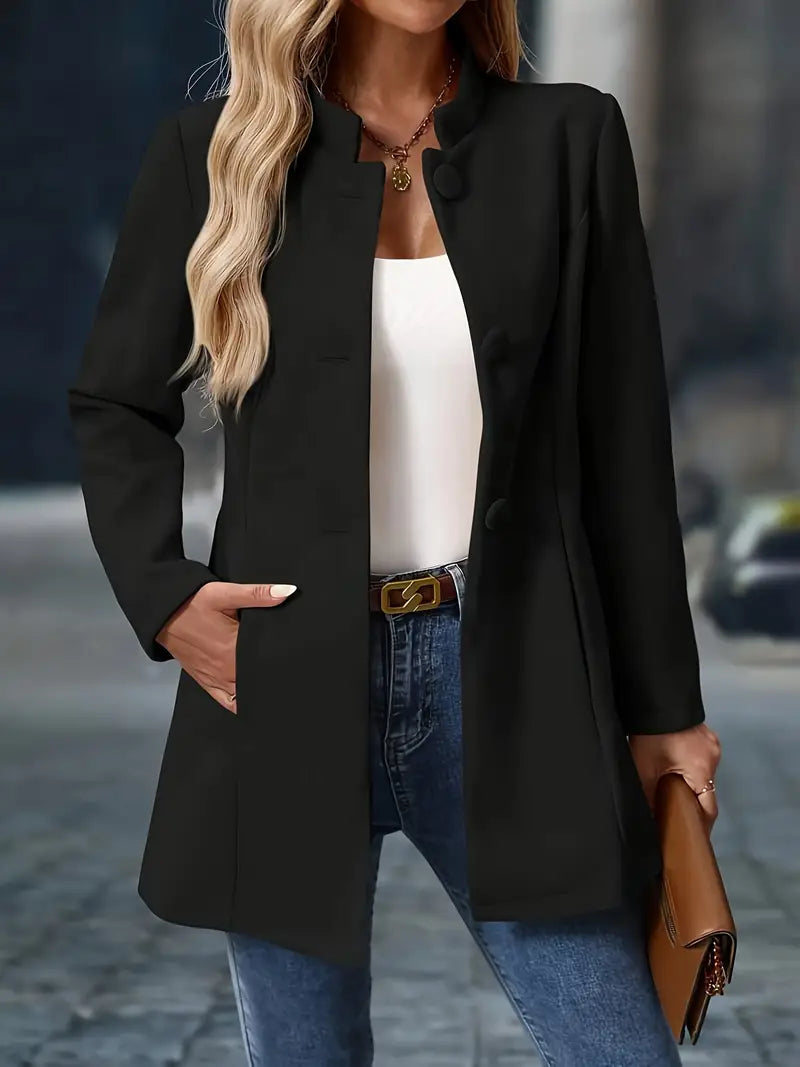 Women's Stand-Collar Button-Front Long Coat