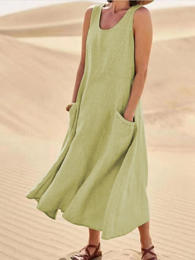 Women's Casual Sleeveless Maxi Dress Scoop Neck Pockets