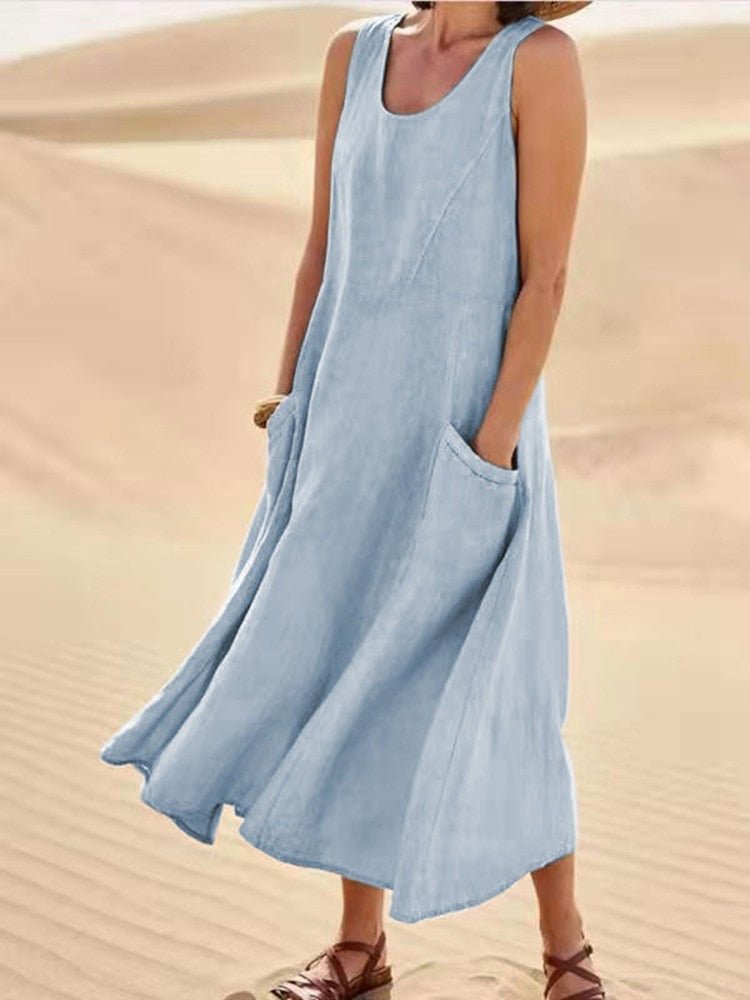Women's Casual Sleeveless Maxi Dress Scoop Neck Pockets
