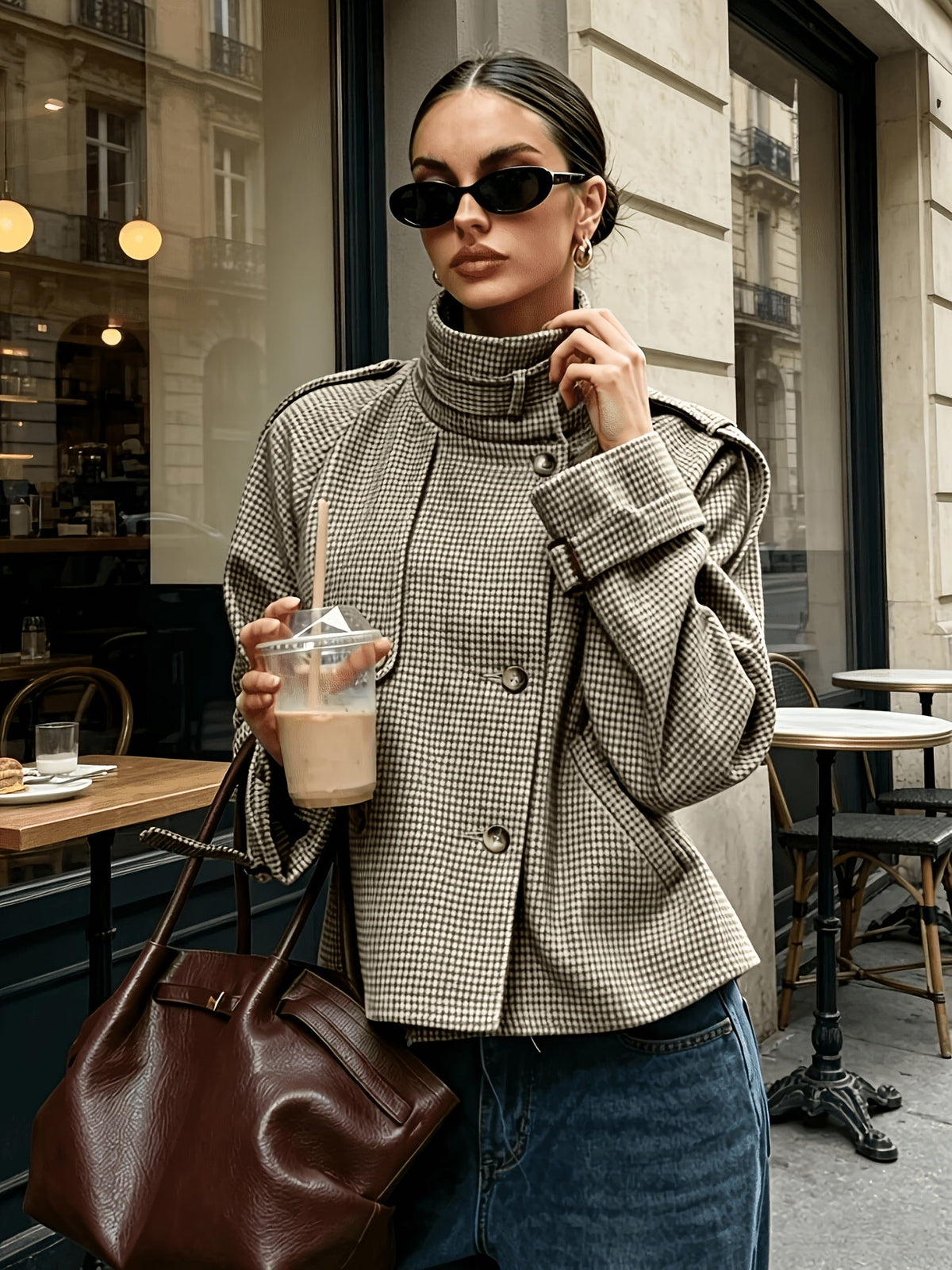Women's Houndstooth Stand-Collar Cropped Jacket