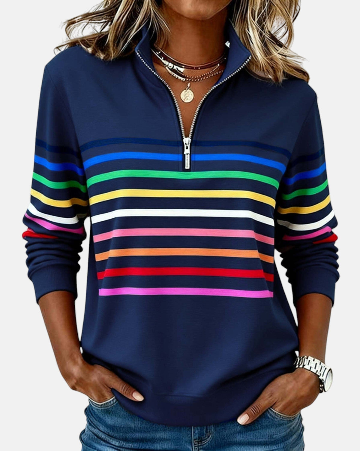 Diane | Women's Striped Half-Zip Sweatshirt with Stand Collar and Long Sleeves