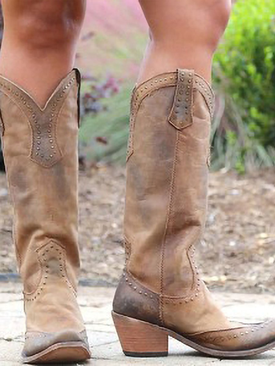 Joan | Women's Tall Cowboy Boots with Stitched Shaft, Pointed Toe and Stacked Heel