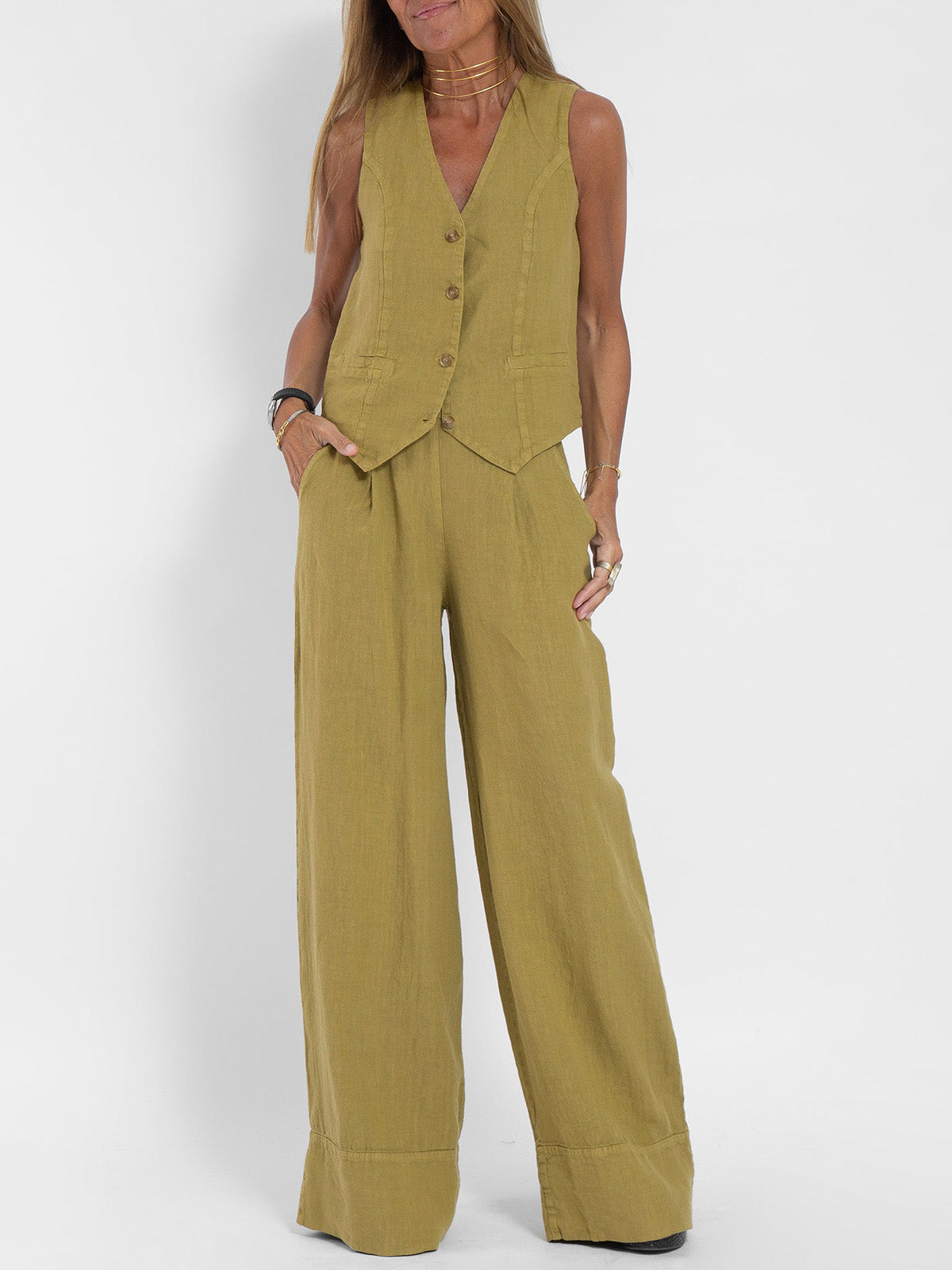Tabitha Women's Sleeveless V-Neck Vest and Wide-Leg Pants Set product view