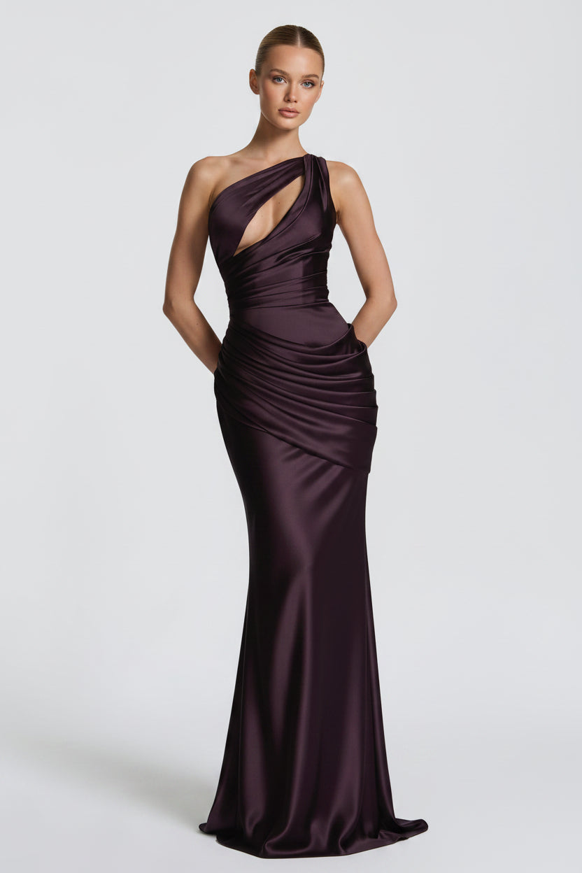 Esmée | Plum Satin One Shoulder Cut Out Maxi Dress