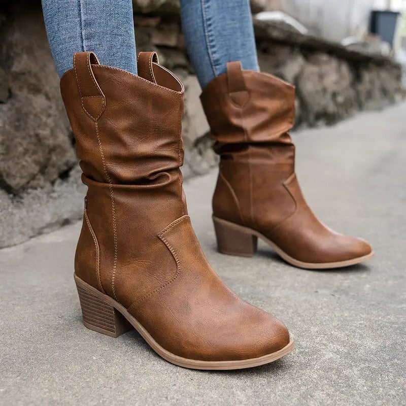 Brenda | Women's Slouchy Mid-Calf Boots with Block Heel and Ruched Shaft