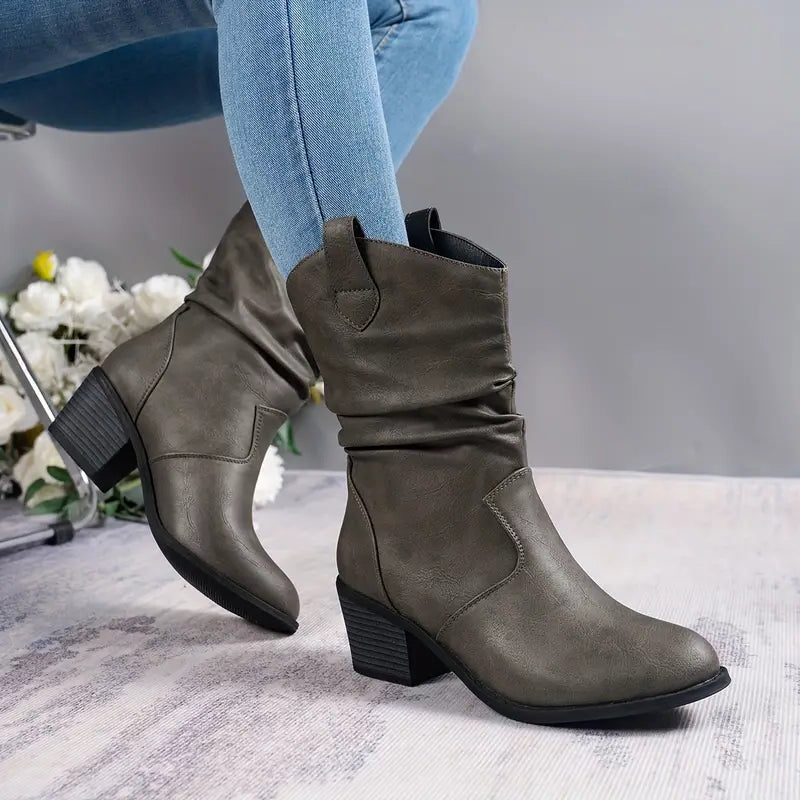 Brenda | Women's Slouchy Mid-Calf Boots with Block Heel and Ruched Shaft