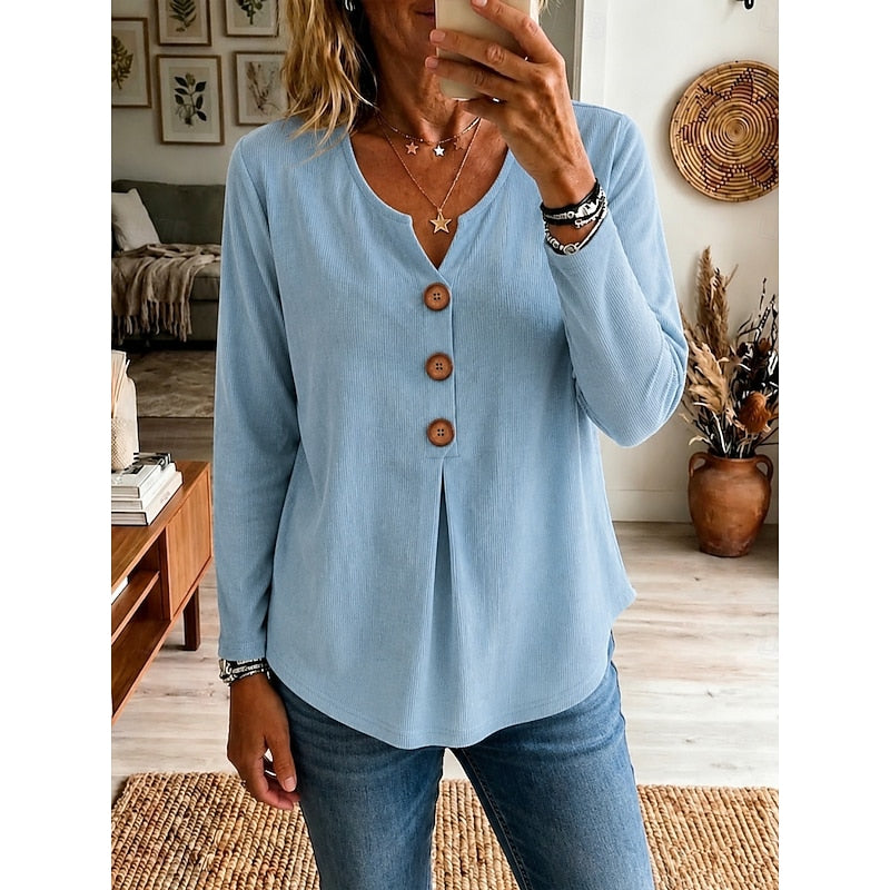 Cecelia Women's Ribbed Buttoned V-Neck Top product view