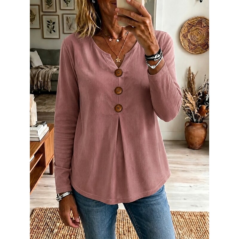 Cecelia Women's Ribbed Buttoned V-Neck Top product view