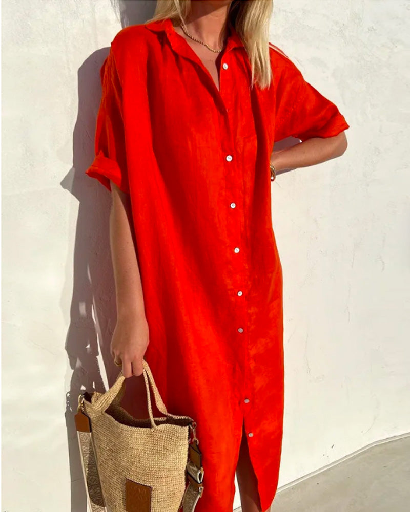 Women's Short Sleeve Button Front Midi Shirt Dress