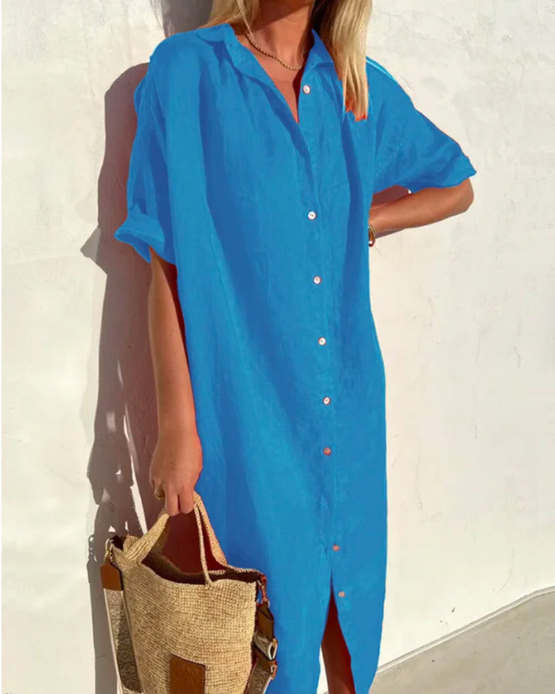 Women's Short Sleeve Button Front Midi Shirt Dress