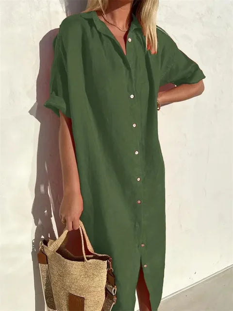 Women's Short Sleeve Button Front Midi Shirt Dress