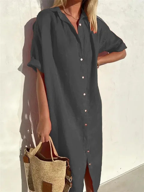Women's Short Sleeve Button Front Midi Shirt Dress