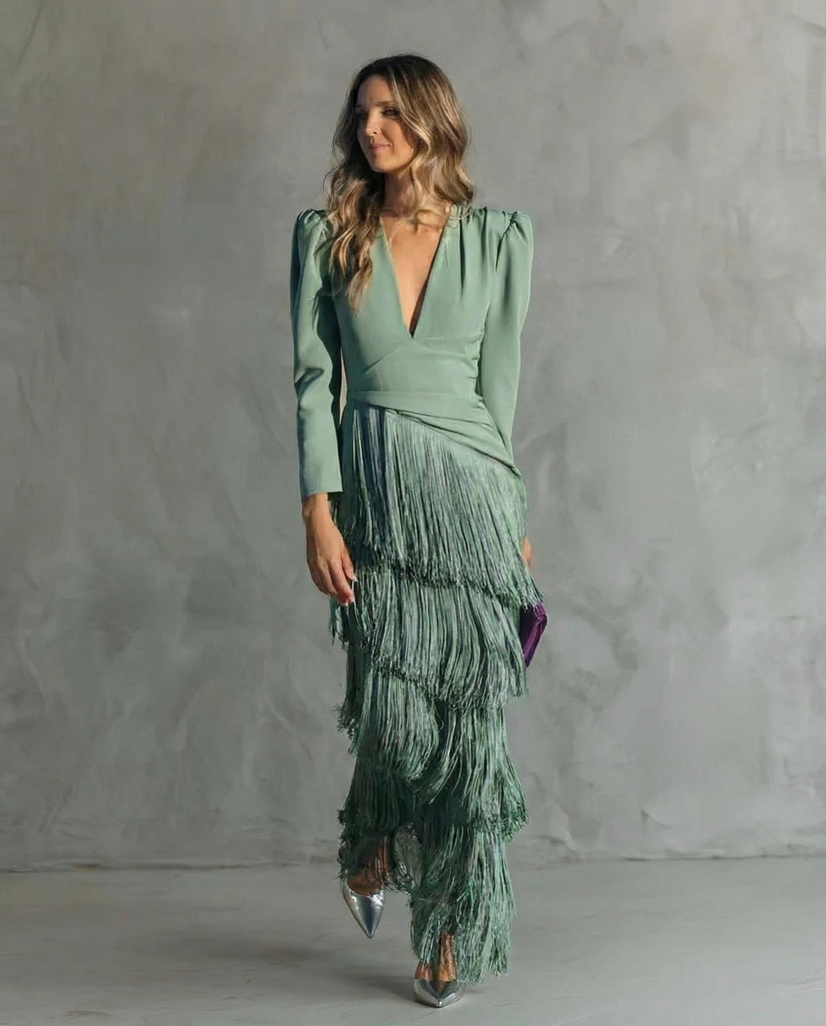Women's V-Neck Fringe-Sleeve Flowing Midi Dress