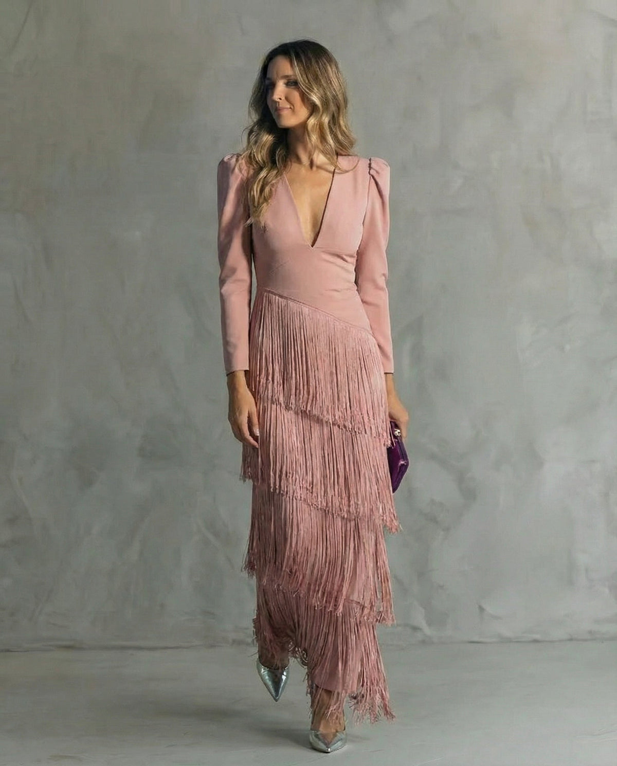 Women's V-Neck Fringe-Sleeve Flowing Midi Dress