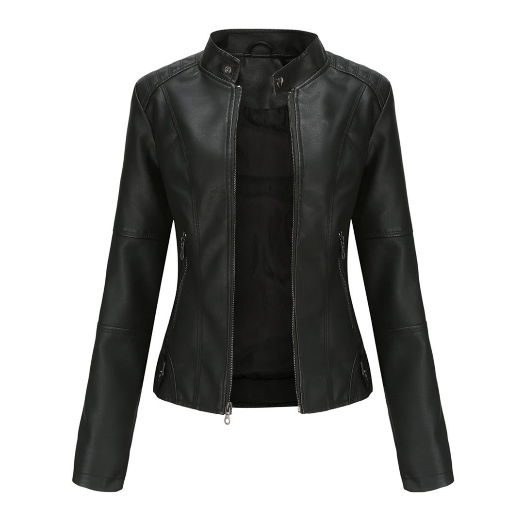 Kelly | Women's Fitted Leather-Look Moto Jacket with Zip Front and Stand Collar