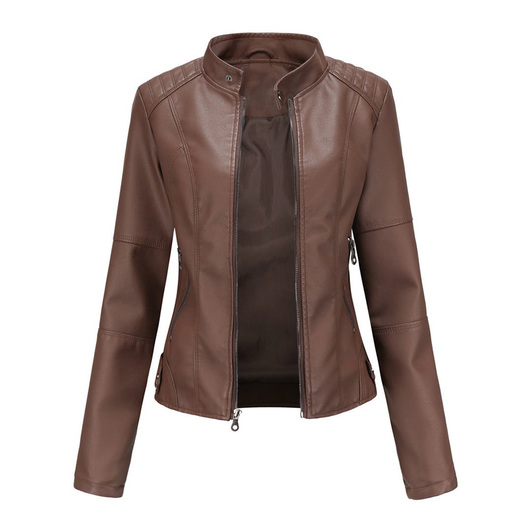 Kelly | Women's Fitted Leather-Look Moto Jacket with Zip Front and Stand Collar