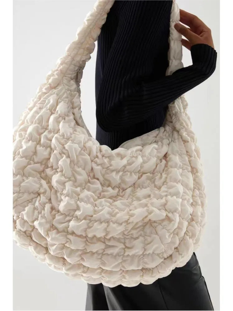 Women’s Ruched Hobo Shoulder Bag with Puffy Textured Finish