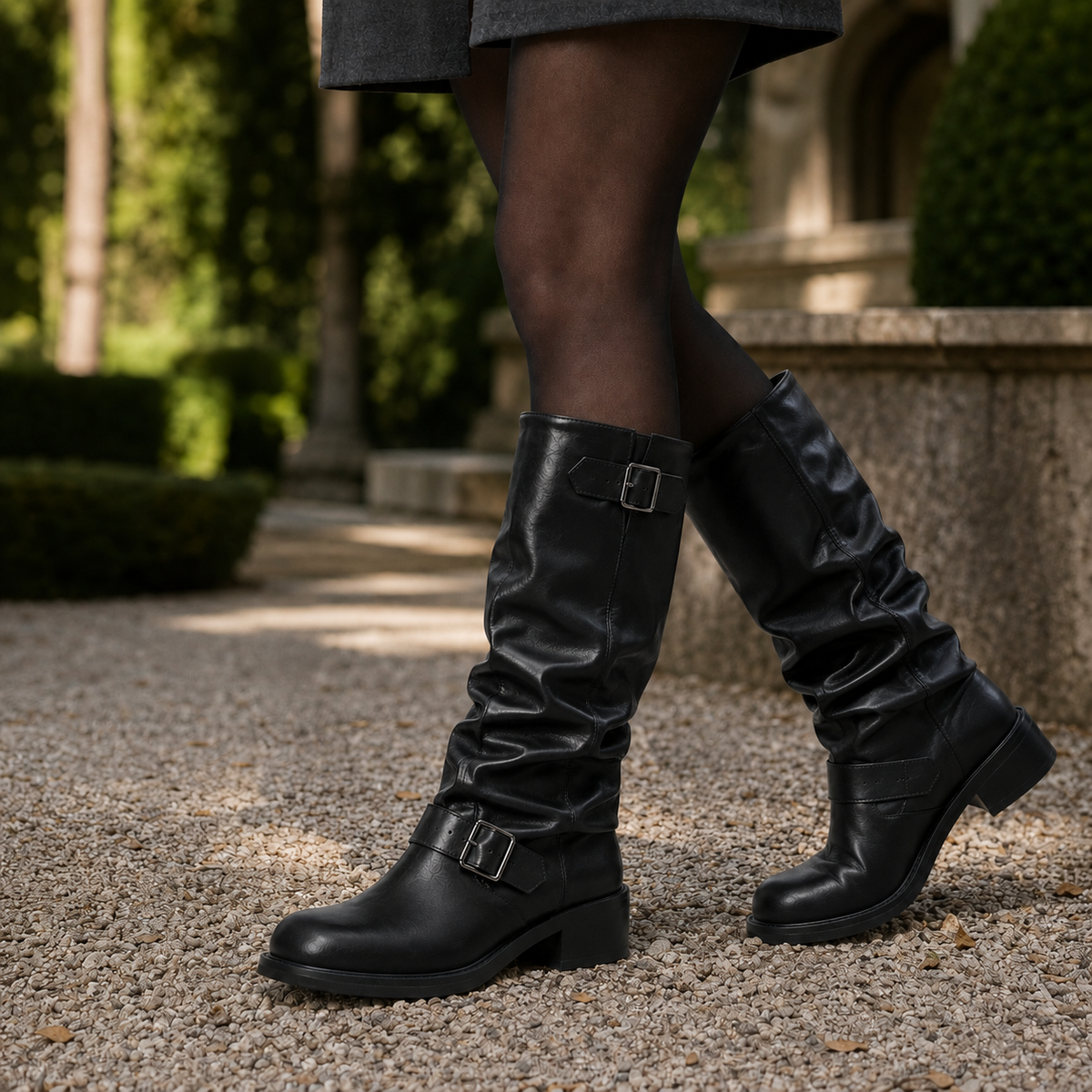 Marina | Women's Slouchy Buckle-Detail Knee-High Biker Boots